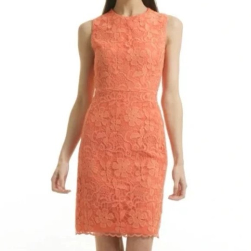 Badgley Mischka Belle Coral Orange Floral Lace Sheath Dress Mini Size 8